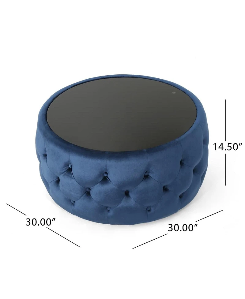Round Velvet Tufted Ottoman with Tempered Glass Top, Modern Glam Design, Upholstered Footrest, Elegant Coffee Table Alternative for Living Room-The Po