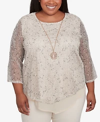 Alfred Dunner Plus Natural Instinct Popcorn Mesh Speckled Top with Necklace