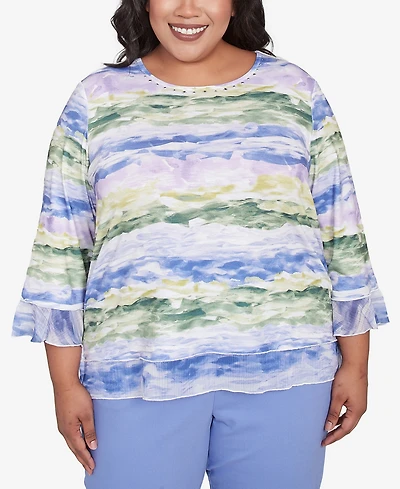 Alfred Dunner Plus Santa Fe Watercolor Biadere Striped Crew Neck Top