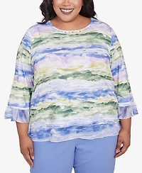 Alfred Dunner Plus Santa Fe Watercolor Biadere Striped Crew Neck Top