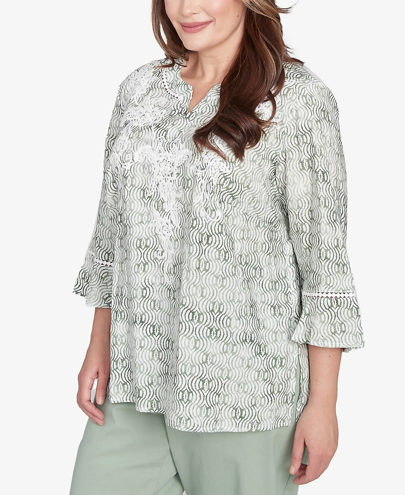Alfred Dunner Plus Size Santa Fe Embroidered Geometric Flare Sleeve Top
