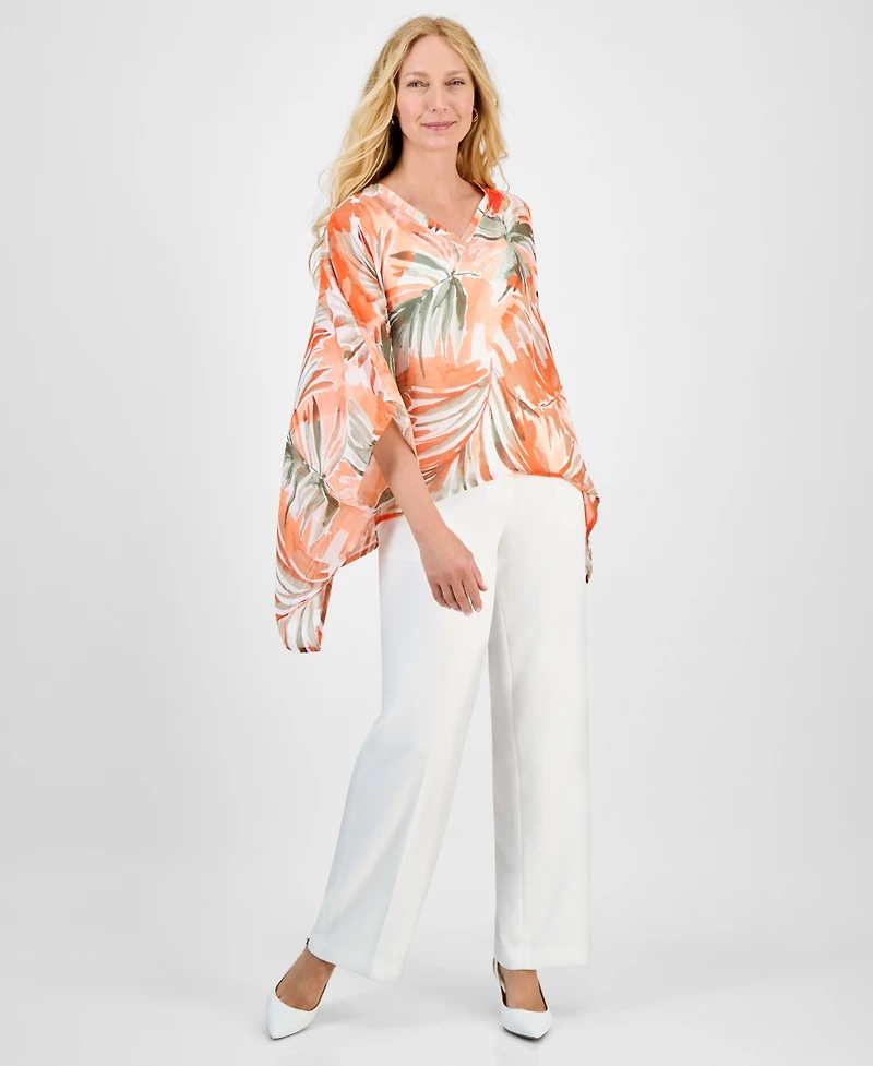Kasper Women's V-Neck Printed Chiffon Poncho