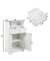 Gymax Bathroom Floor Cabinet Wooden Storage Organizer Side Cabinet W/2 Drawer 2 Doors