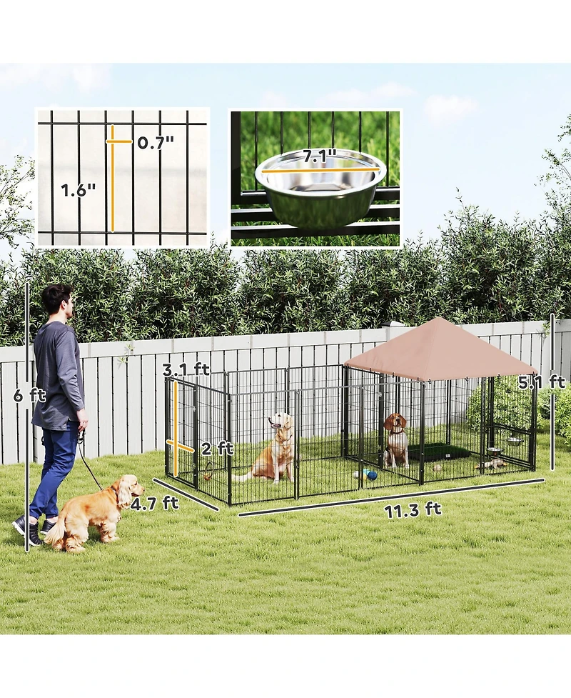 PawHut Dog Kennel Outside with Rotating & Adjustable Height Bowls