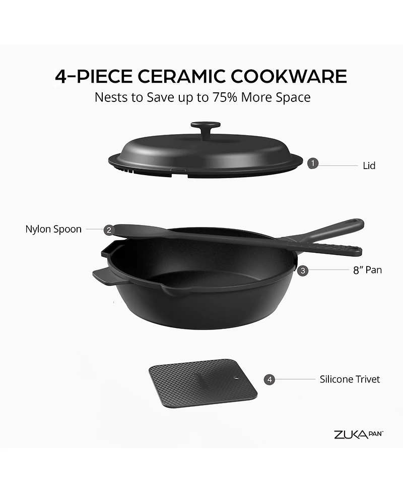 Zuka Everyday Pan 1.25 Qt. Ceramic 10 1 Nonstick Multi-Functional Saute with Lid, Nylon Spoon