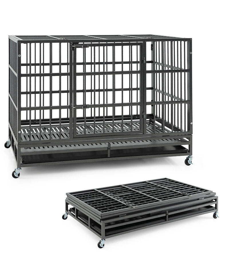 Foldable Metal Dog Cage with Lockable Casters and Tray – Heavy-Duty Pet Crate for Home or Travel