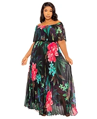 Buxom Couture Plus Size Floral Off Shoulder Pleated Maxi Dress