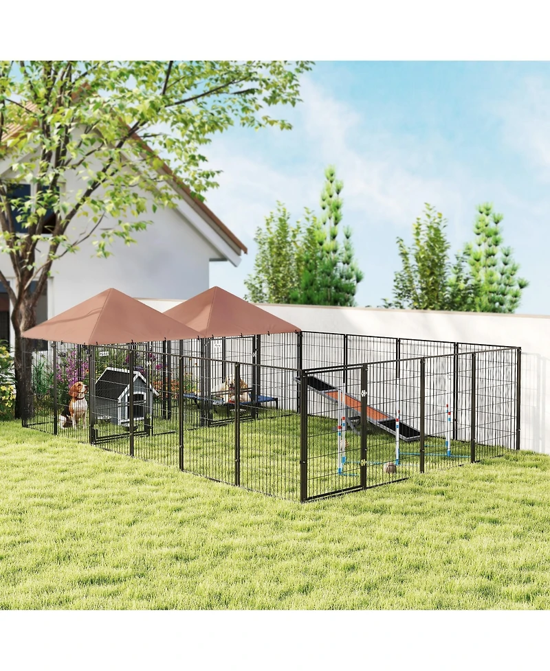 PawHut Dog Kennel Outdoor with Rotating & Adjustable Height Bowls, 2 Rooms