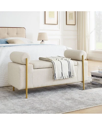 Upholstered Storage Bench with Cylindrical Armrests and Metal Legs Modern Rectangular Ottoman Seat for Bedroom Living Room or Entryway-The Pop Home