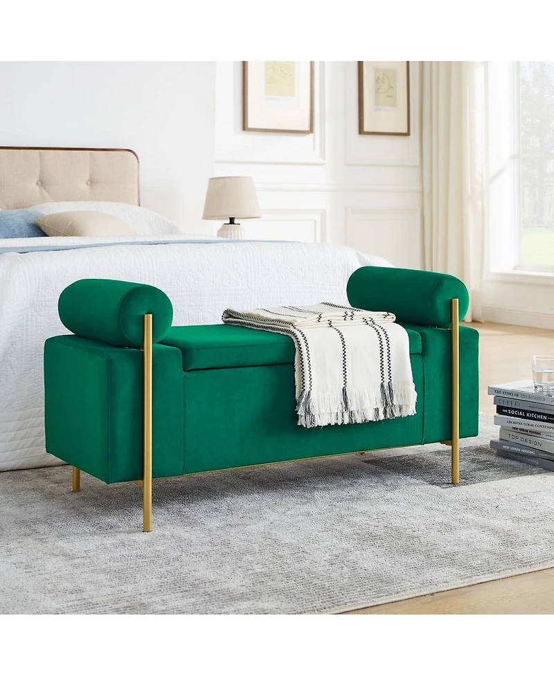 Upholstered Storage Bench with Cylindrical Armrests and Metal Legs Ottoman for Bedroom & Living Room or Entryway-The Pop Home
