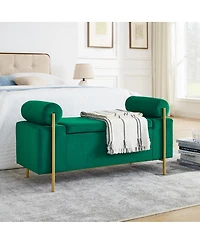 Upholstered Storage Bench with Cylindrical Armrests and Metal Legs Ottoman for Bedroom & Living Room or Entryway-The Pop Home