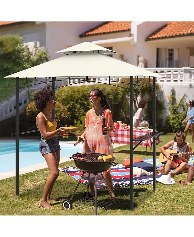 Outdoor Double-Tiered Grill Gazebo Canopy with 2 Shelves and 7 Hooks