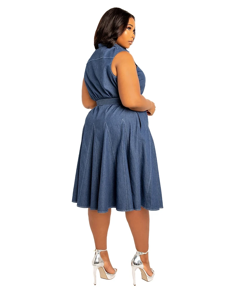 Buxom Couture Plus Sleeveless Denim Shirtdress with Contrasting Stitching