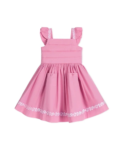 Hope & Henry Big Girls Pleated Flutter Sleeve Apron Dress with Embroidery
