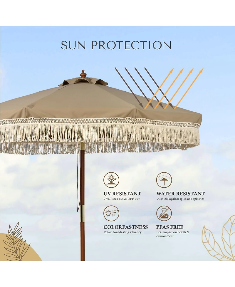 LAGarden Boho 7' Fringe Patio Umbrella with Tassels UPF50+ Boho Style 5-Year-Non-Fading for Outdoor Yard Market Mocha Meander