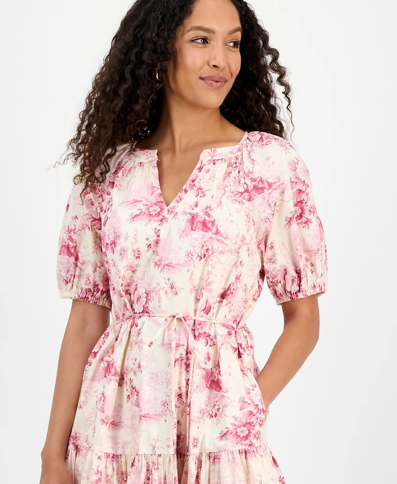 julia jordan Women's Printed Short-Bubble-Sleeve Tie-Waist Dress