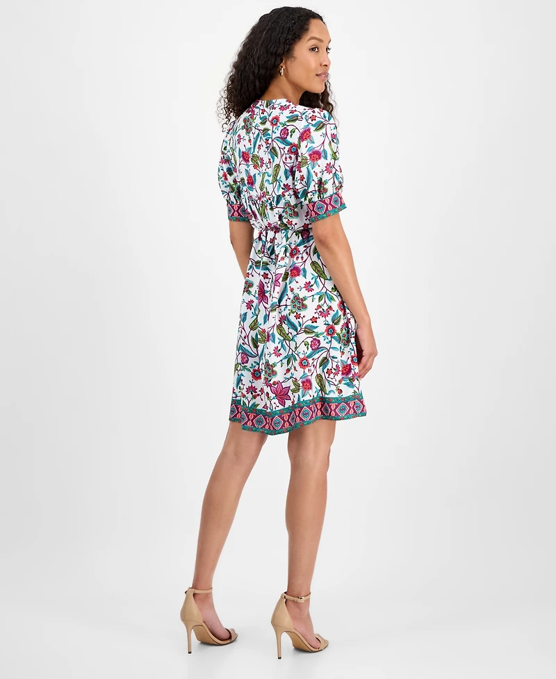 julia jordan Women's Printed Tie-Neck Short-Puff-Sleeve Dresss