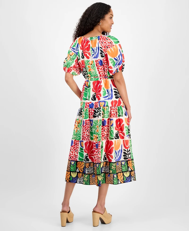 julia jordan Women's Printed V-Neck Puff-Sleeve Midi Dress
