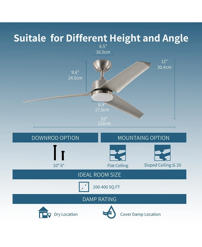 All Seasons 52" Ceiling Fan with Light, Quiet, Alexa/Google, 3 Color Led Lights, Reversible