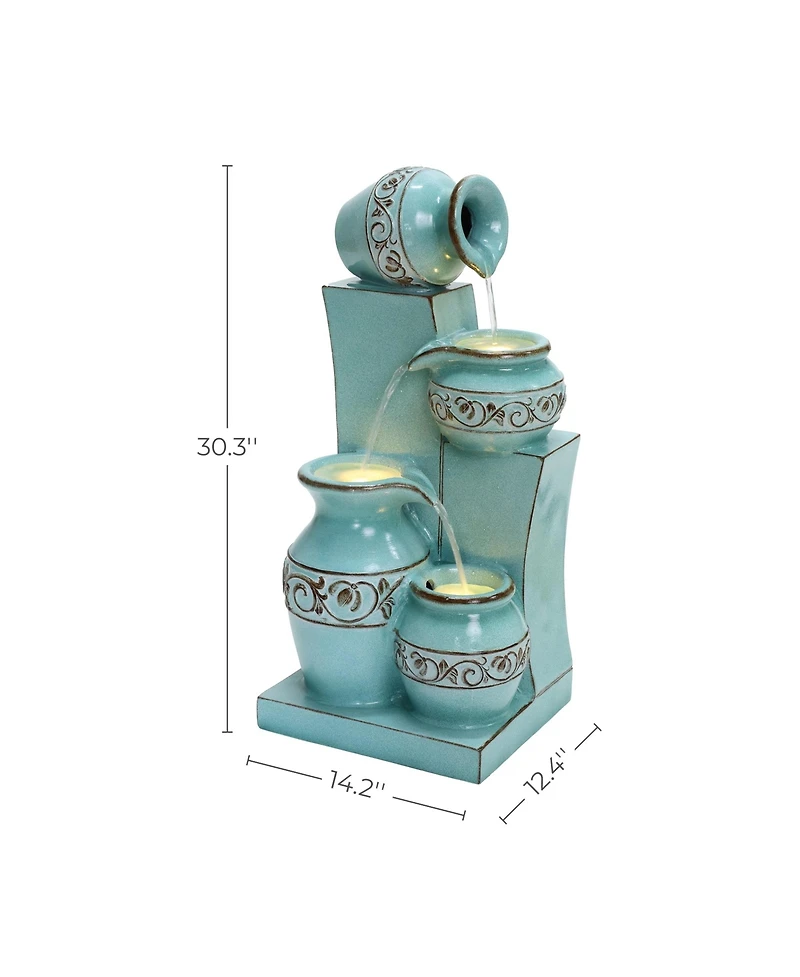 LuxenHome Light Blue 4-Tier Ornate Jugs 2.5-Feet Tall Outdoor Polyresin Fountain with Lights