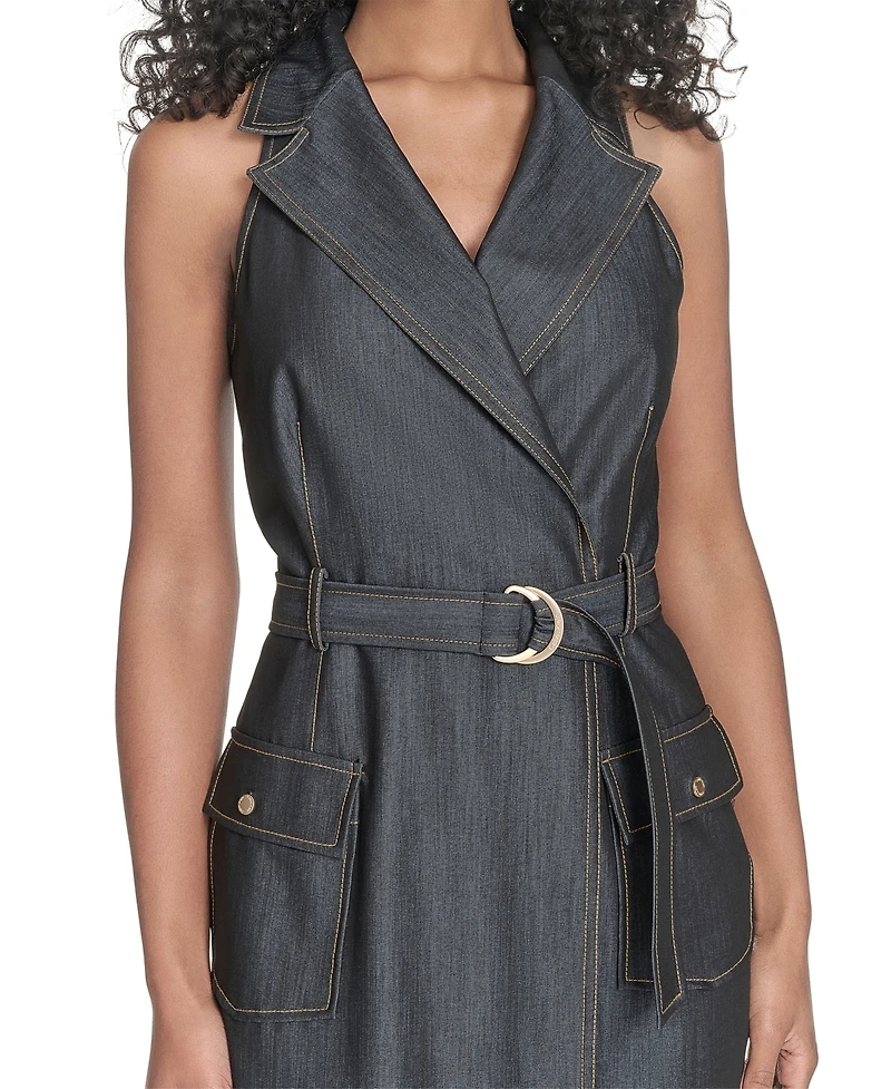 Calvin Klein Women's Belted Denim Faux-Wrap Dress
