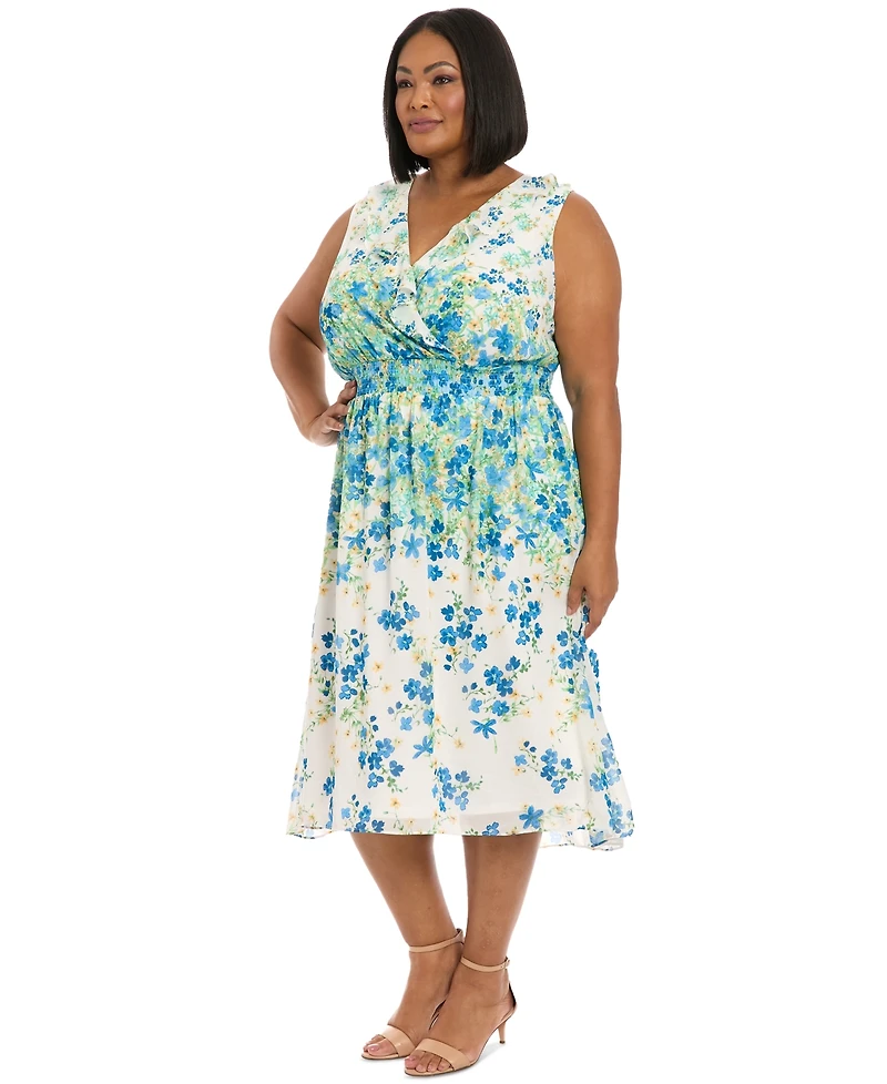 London Times Plus V-Neck Smocked-Waist Midi Dress