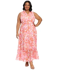 London Times Plus Size Floral V-Neck Tiered Maxi Dress