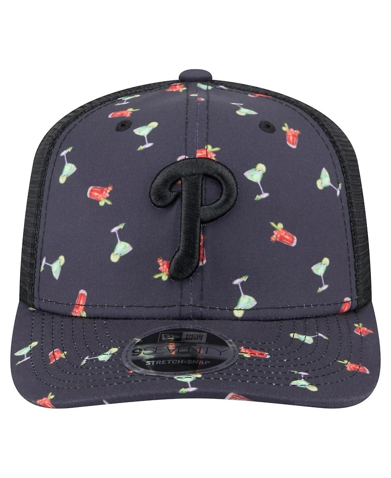 New Era Men's Black Philadelphia Phillies Adventure Drinks Pattern 9SEVENTY Stretch-Snap Hat