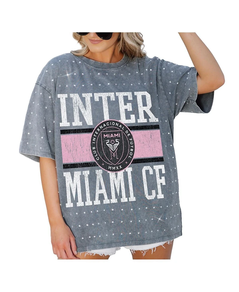 Gameday Couture Women's Gray Inter Miami Cf Oversized Mini Rhinestone Classic T-Shirt