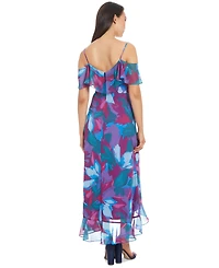 London Times Petite Printed Cold-Shoulder Ruffle Chiffon Dress