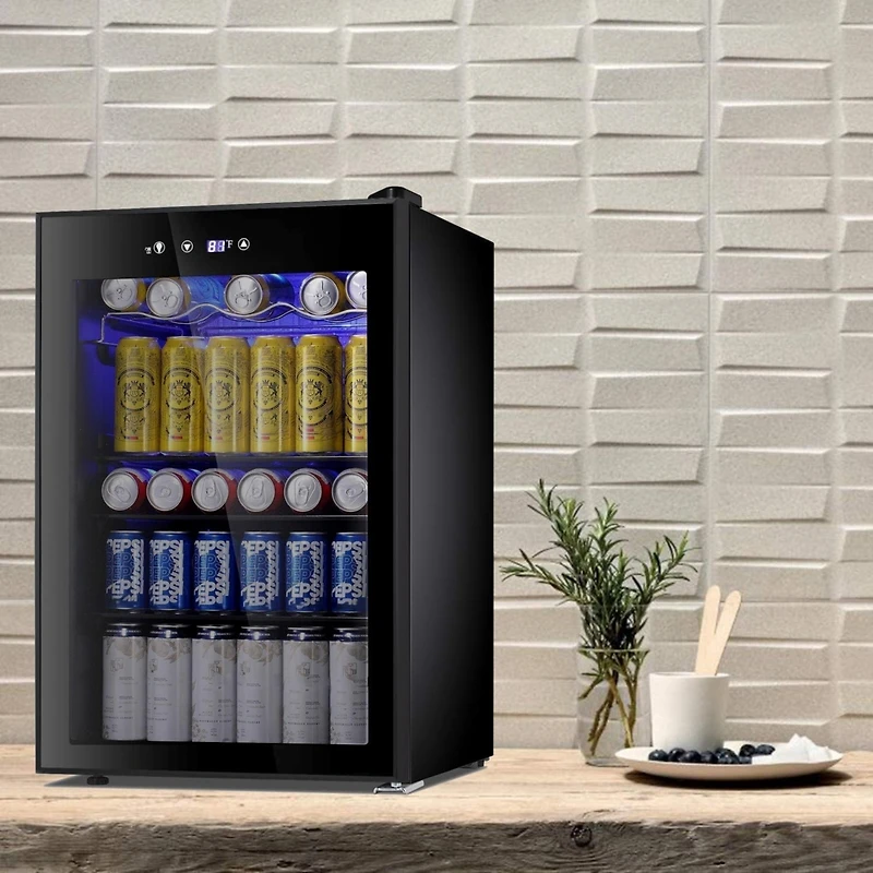 Cowsar 4.4 Cu.ft Beverage Refrigerator Cooler, 145 Can Mini Fridge Glass Door with Adjustable Shelves, Digital Temperature Display, Freestanding Small