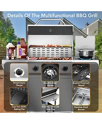 Cowsar Gas Grill,Heavy-Duty Stainless Steel Bbq Grill,4 Burner Gas Grill with Side Burner,42000 Btu Propane Gas Grill for Outdoor Cooking,Barbecue,Gar