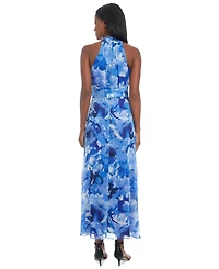 London Times Petite Printed Side-Tie Ruffle-Trim Maxi Dress