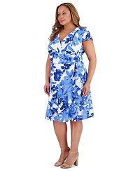 London Times Plus Size V-Neck Side-Ruffle Dress