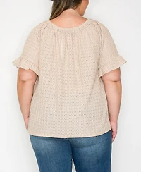 Coin 1804 Plus Size Eyelet Jersey Button Front Ruffle Sleeve Peasant Top