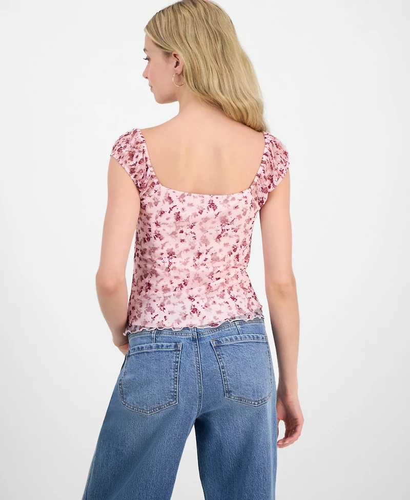 Madden Girl Juniors' Floral Printed Lace Cap-Sleeve Top