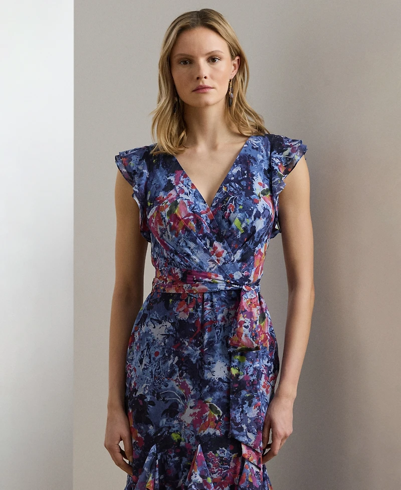 Lauren Ralph Lauren Women's Print Ruffle-Trim Crinkle Georgette Gown