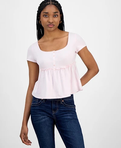 Hippie Rose Juniors' Square-Neck Short-Sleeve Babydoll Top