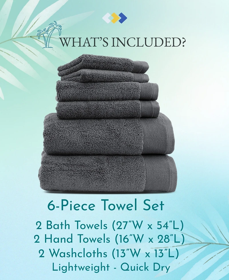 6-Piece Bath Towel Set, Soft 100% Cotton by California Design Den