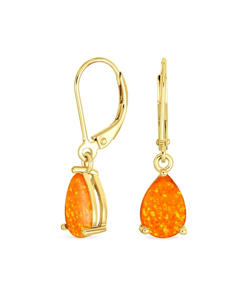Bling Jewelry Simple White Orange Opal Created Opal Solitaire 7MM Pear Shaped Teardrop Dangle Lever Back Earrings Yellow Gold Plated .925 Sterling Sil