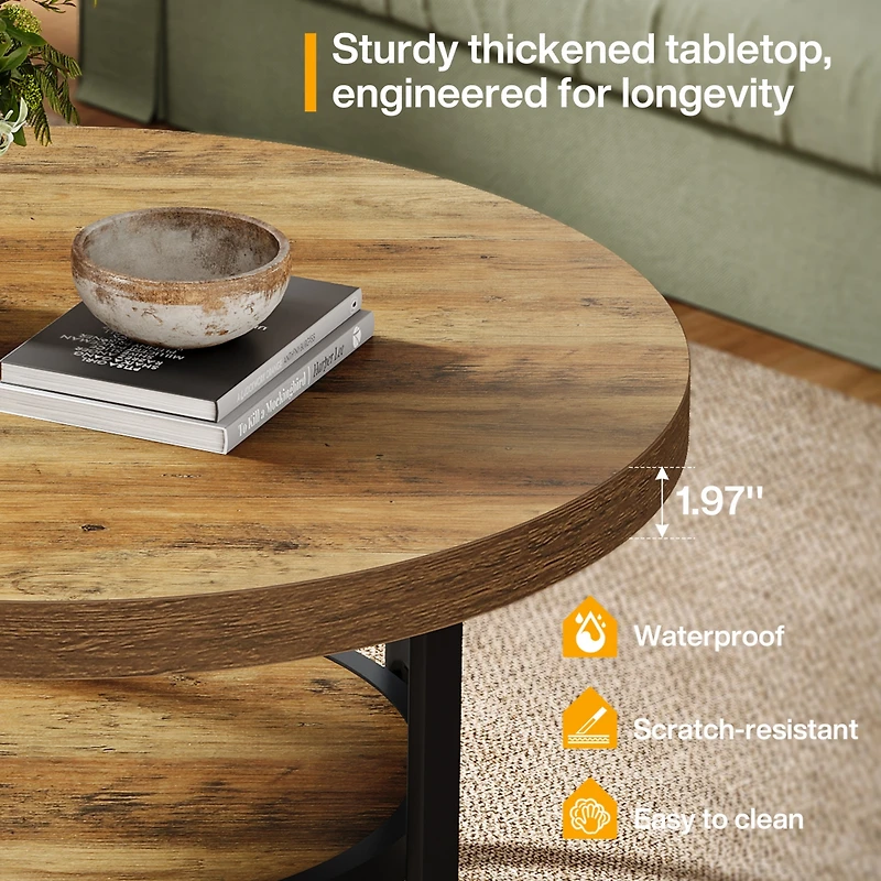 Tribesigns Round Coffee Table for Living Room, 2-Tier Center Table with Storage Shelf, 31.1-Inch Industrial Cocktail Tea Table with Sturdy Curved Meta