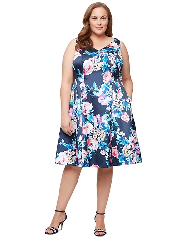 Alex Evenings Plus Printed V-Neck Sleeveless Dress