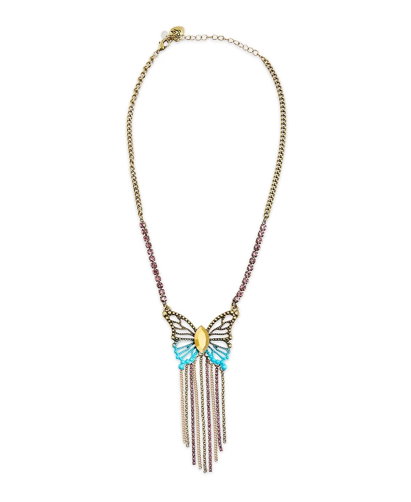 Betsey Johnson Faux Stone Boho Butterfly Fringe Pendant Necklace