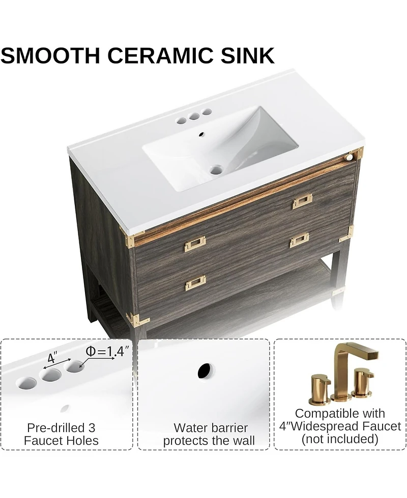 36" Bathroom Vanity with Motion Sensor Light, Wood Bathroom Vanity
