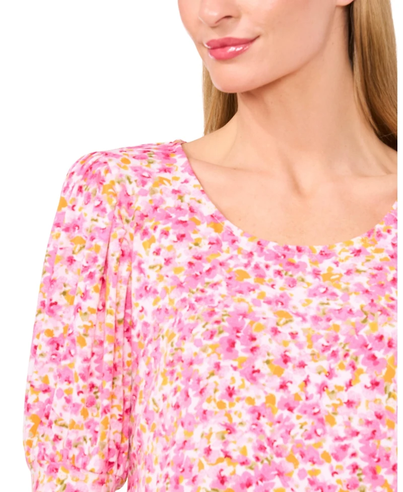 CeCe Women's Crew Neck Shirred Elbow Sleeve Top