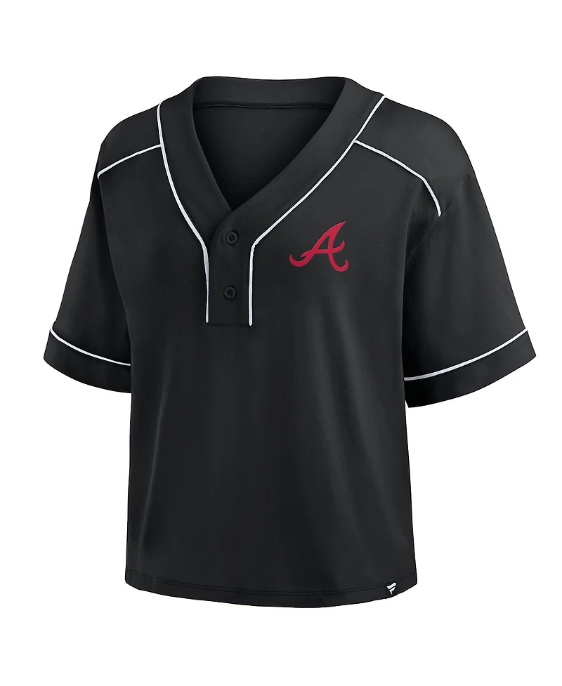 Fanatics Women's Black Atlanta Braves Oversized Champ Game Midi Cropped V-Neck T-Shirt