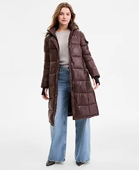 Steve Madden Women's Shiny Hooded Maxi Puffer Coat