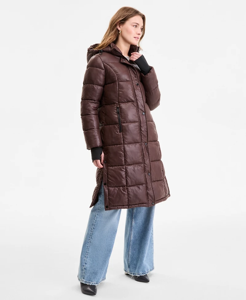 Steve Madden Women's Shiny Hooded Maxi Puffer Coat