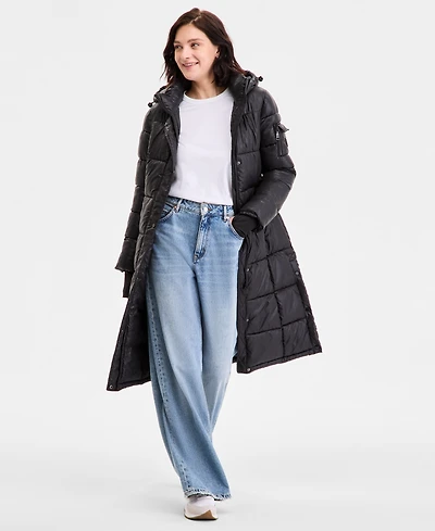 Steve Madden Women's Shiny Hooded Maxi Puffer Coat