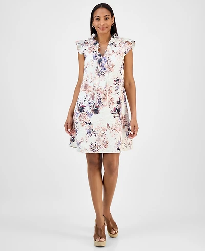 Robbie Bee Women's Printed Ruffle-Neck A-Line Dress